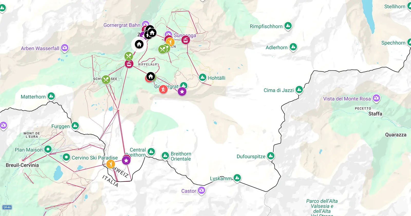 Map of Zermatt showing the three ski lift stations, beginner parks and mountain restaurants