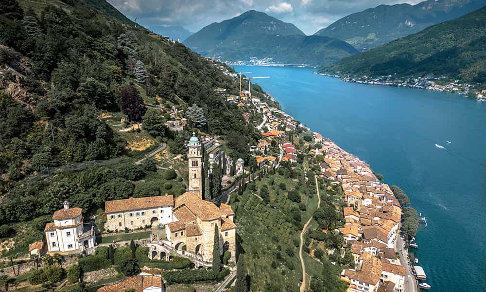 Drone view of Morcote village on Lake Lugano in Ticino Switzerland