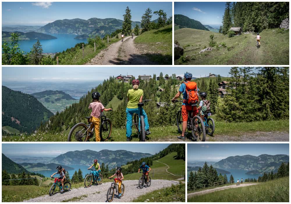 different images from a family biking at klewenalp above lake Lucerne