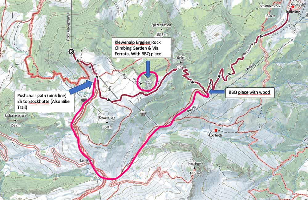 hiking map of the klewenalp region above lake lucerne with indications on it.