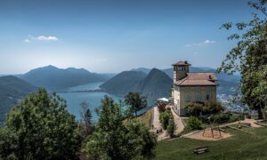 View over Lake Lugano from Monte Br&egrave; in Ticino Switzerland