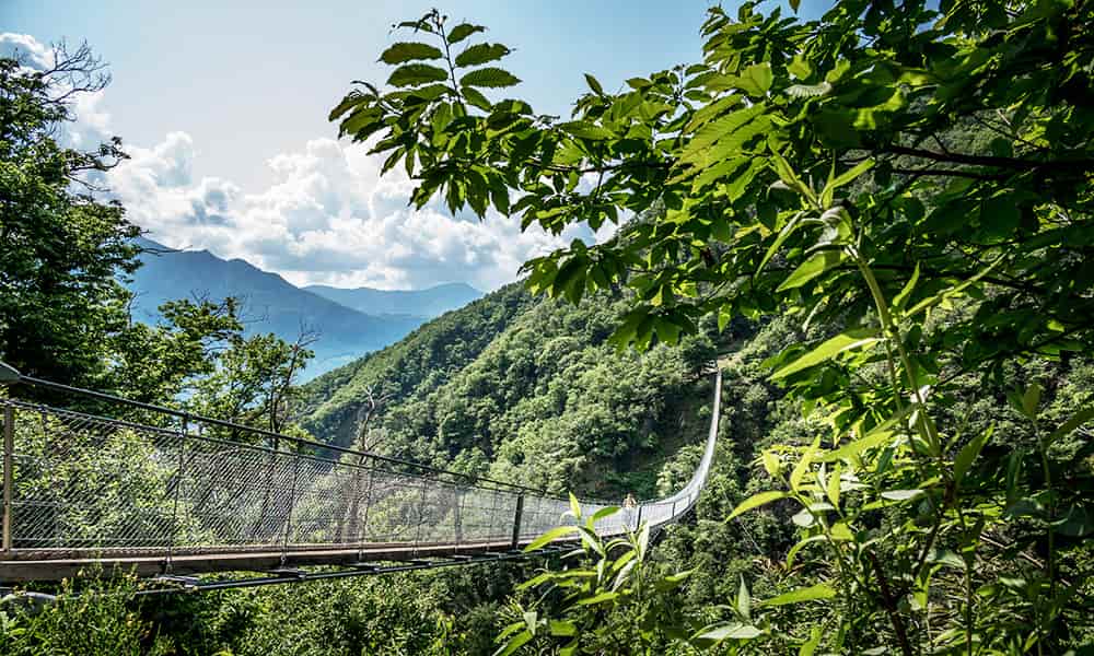 Tibetan suspension bridge near Curzútt in Bellinzona, Ticino Switzerland
