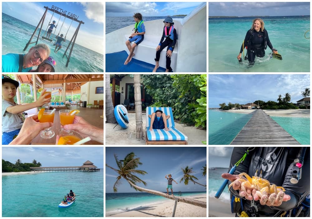 collage of images of a family at reethi faru