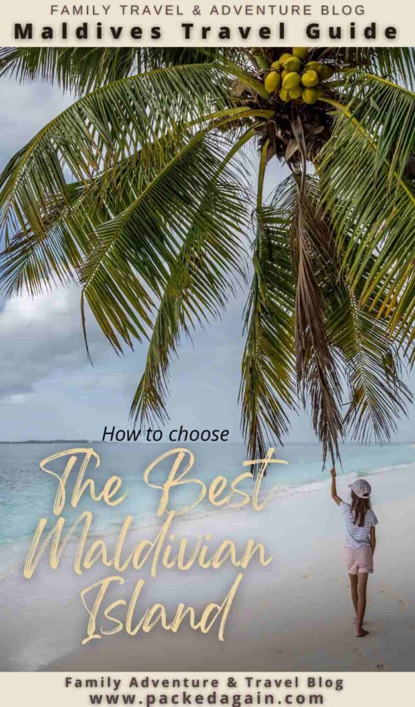 guide to choose the best maldivian island. on bild a girl olding a palmtree leave on the beach