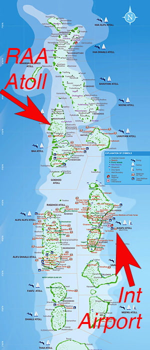 map of maldives with atolls and resorts