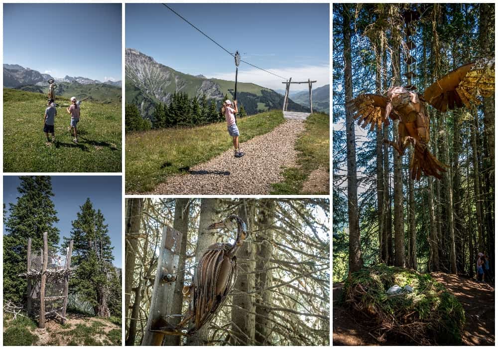 different images on the Vogellisi theme trail whilst hiking in Adelboden during a summer day