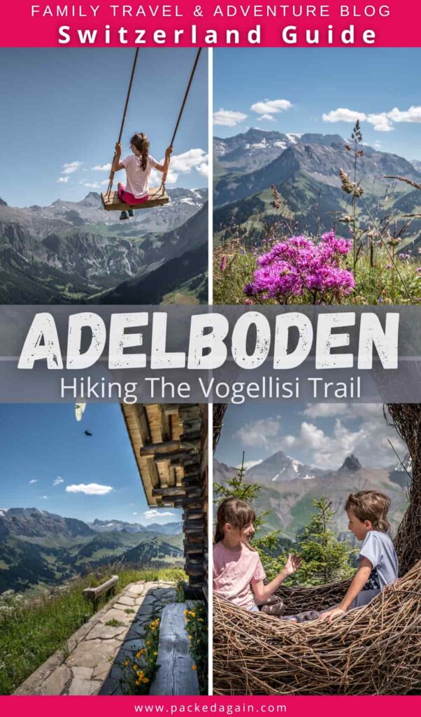 Hiking in Adelboden guide for the Vogellisi theme trail on cover children on the trail