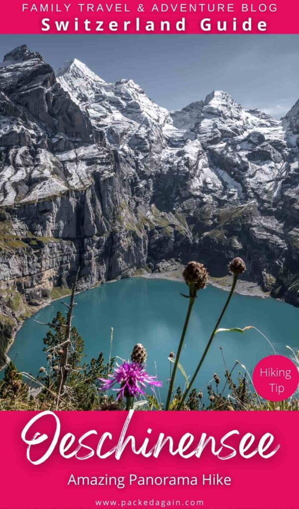 View over the Oeschinen Alpine Lake from high above on the hiking trail