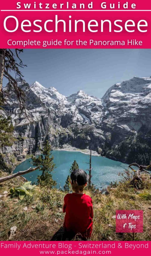 a boy sitting high up a mountains looking at the oeschinensee
