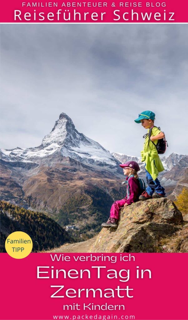 kinder im herbst beim wandern in zermatt vor dem Matterhorn