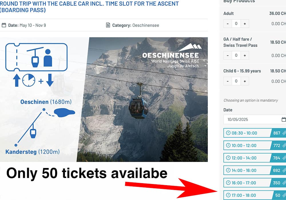 screenshot of the online ticket order site of the Oeschinensee in Kandersteg