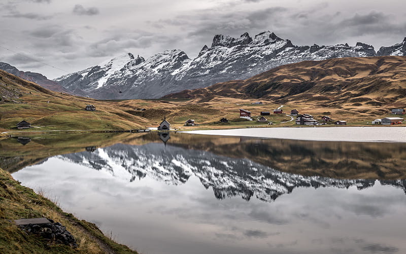 mirrored reflection at melchsee during a autumn day