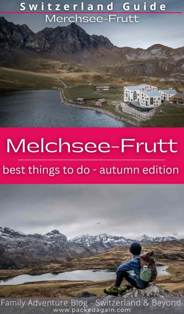 two images on a guide to Melchsee_Frutt drinking a rainy autumn day. lake view and Frutt hotel and a boy sitting on a rock