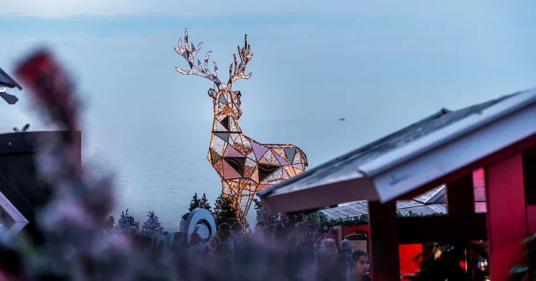 christmas ornament as a giant stag light up with lights on the Montreux Christmas market by the lake