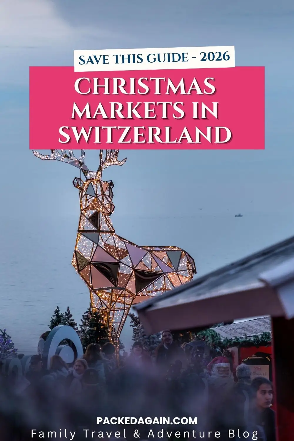 Pin for the Christmas guide in Switzerland for 2026 showing a stag with lights