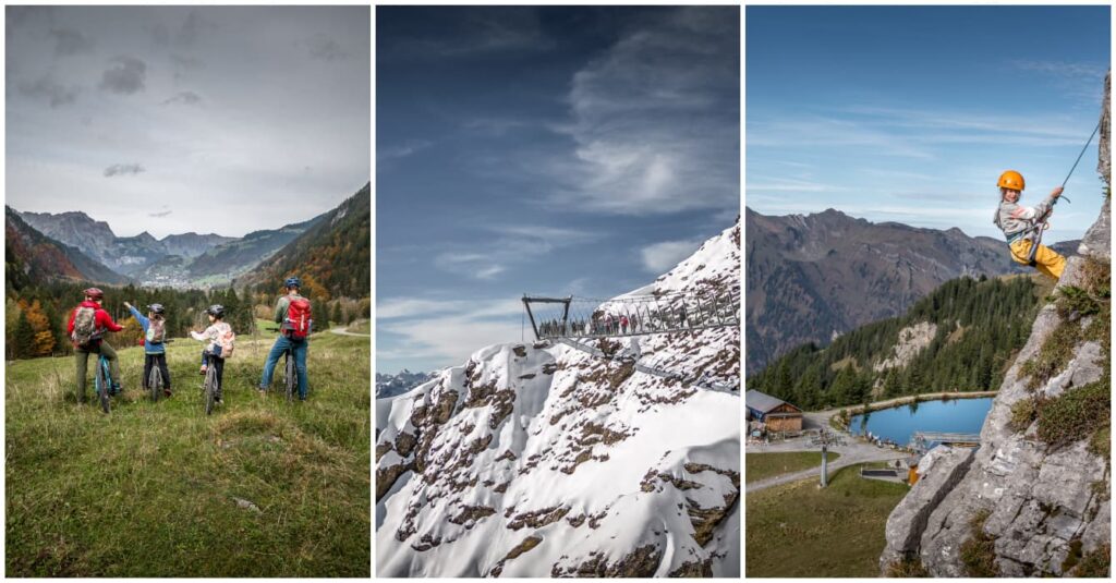 three images of a family biking, a girl climbing and a suspension bridge on Titlis mountain with snow