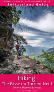 a family hiking along the biise du torrent neuf with views over the rhone valley