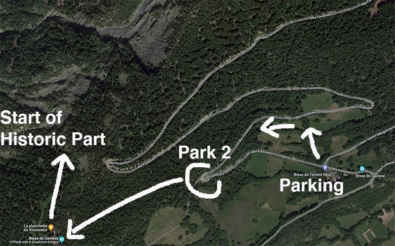 google map showing parking places for the hike along the Bisse de torrent neuf