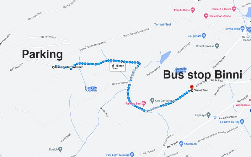 google map showing how to get from the bus stop to the start of the bisse de torrent neuf in valais