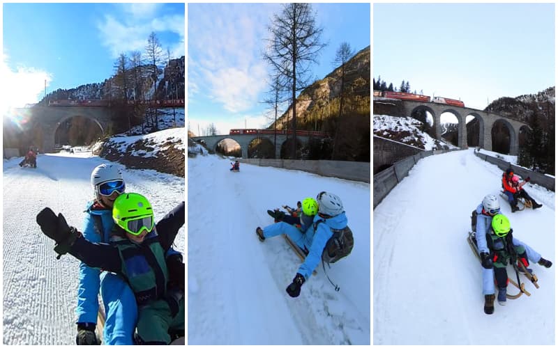 different images of a family on the sledge run Preda Bergün in Graubünden