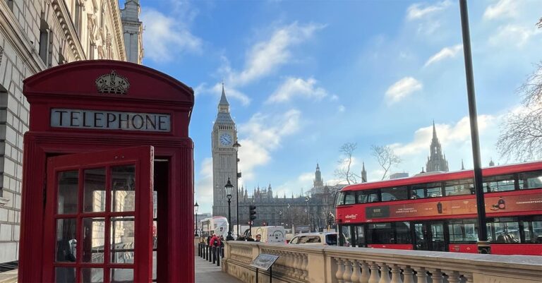 london city image with phone box, london bus and beg ben showing in the blue sky