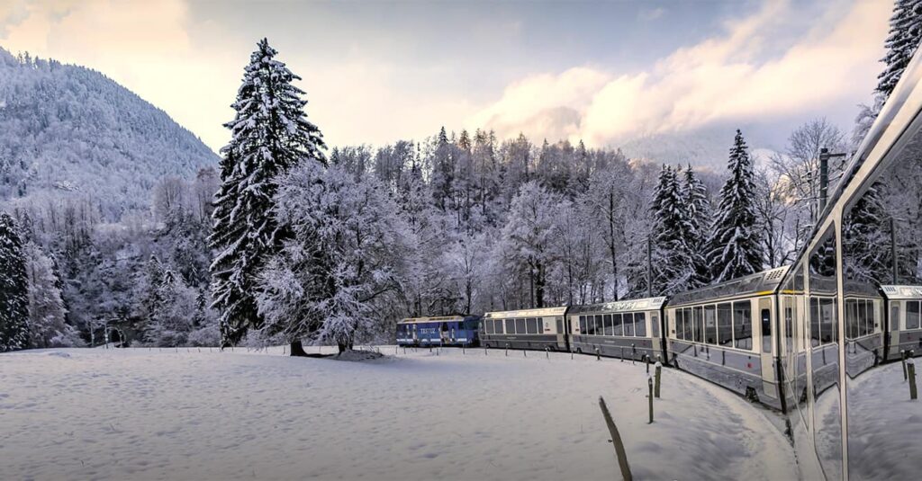 Goldenpass express Train in a winter landscape in Switzerland