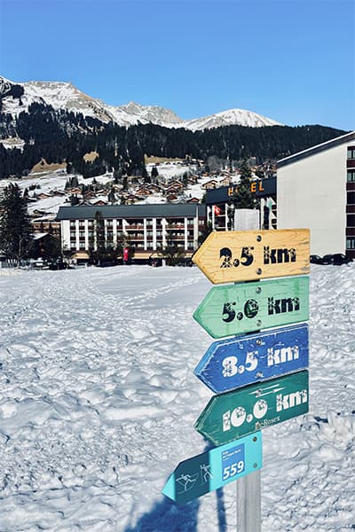 Cross country ski signs by a Swiss hotel