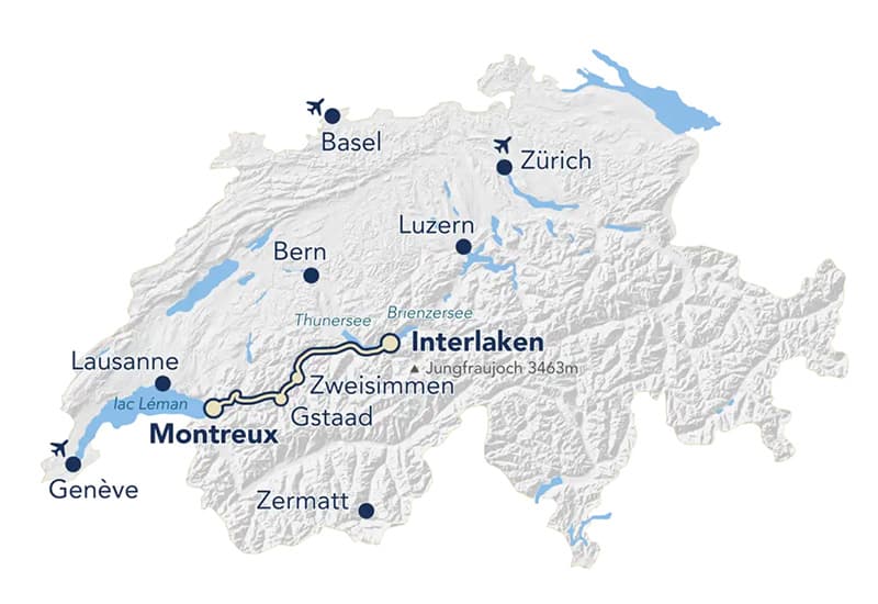 map of Switzerland with the GoldenPass express line marked
