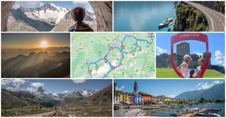 collage of different pictures in Switzerland on a itinerary list. mountains, trains lakes etc