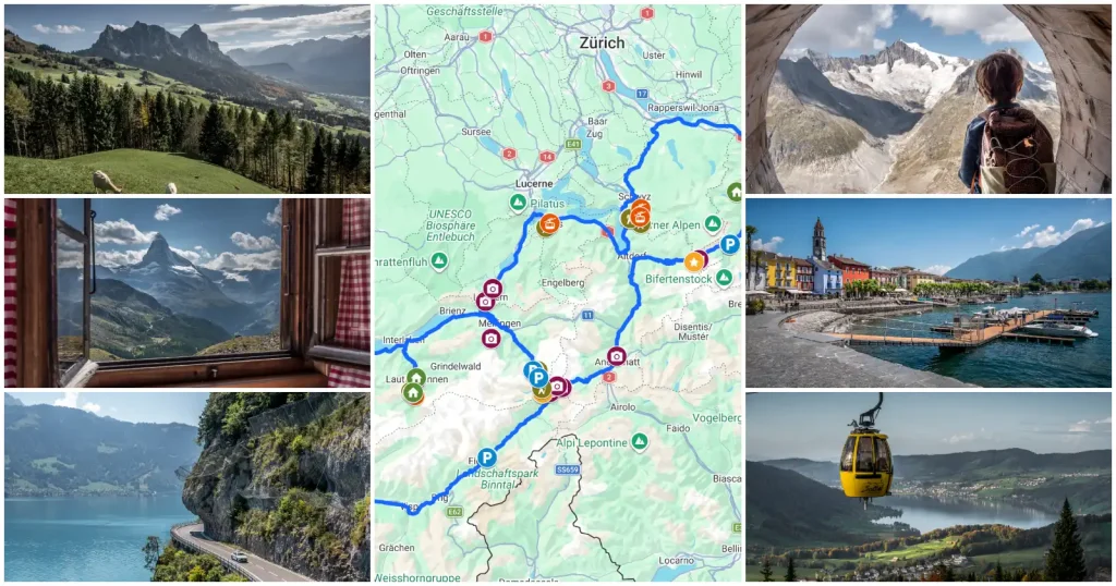 different images of Switzerland with a google map in the middle