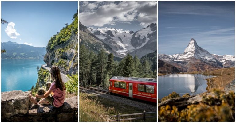 collage of a girl sitting by a lake, a Swiss train and the Mount Matterhorn in Zermatt