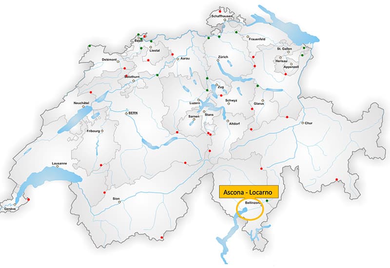 map of Switzerland showing the loaction of Ascona - Locarno