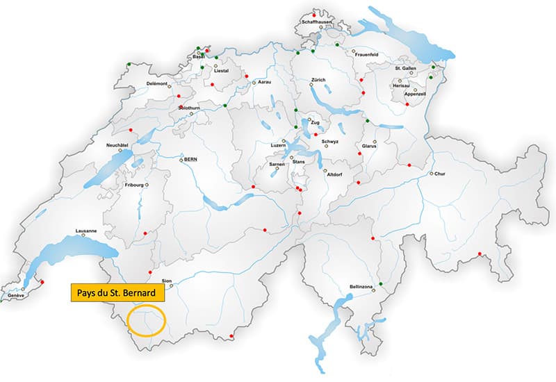 map of Switzerland showing pays du St. Bernard on the map