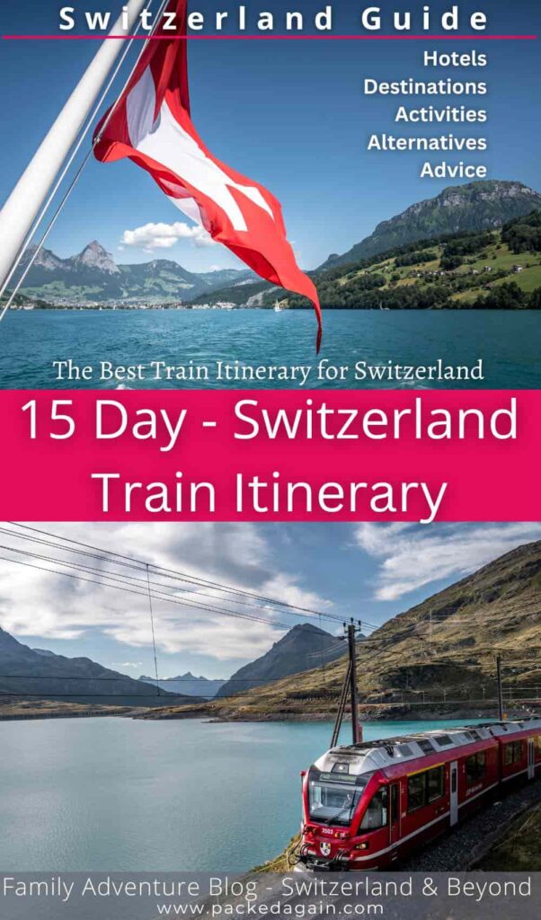 Swiss flag waving in the wind by a blue Swiss lake and a red train with mountains next to a lake