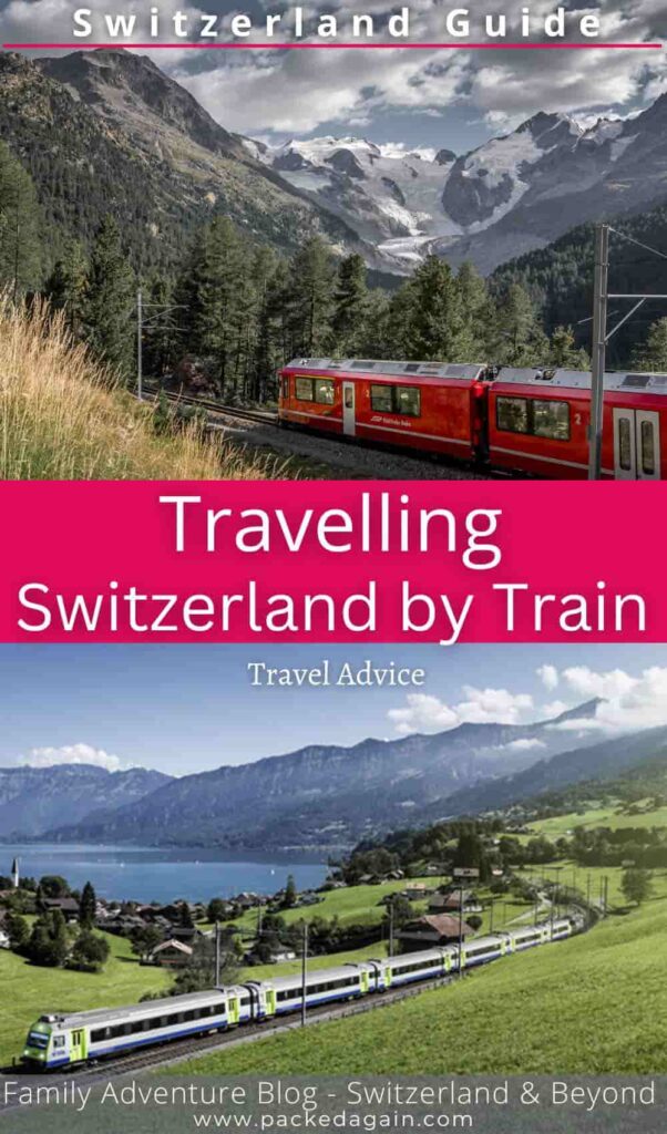 two Swiss trains one by a lake the other by a glacier