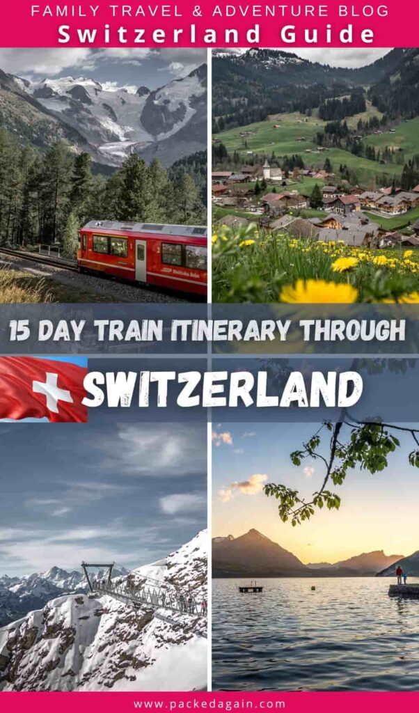 Swiss images of a train, mountain, village and a snow glacier