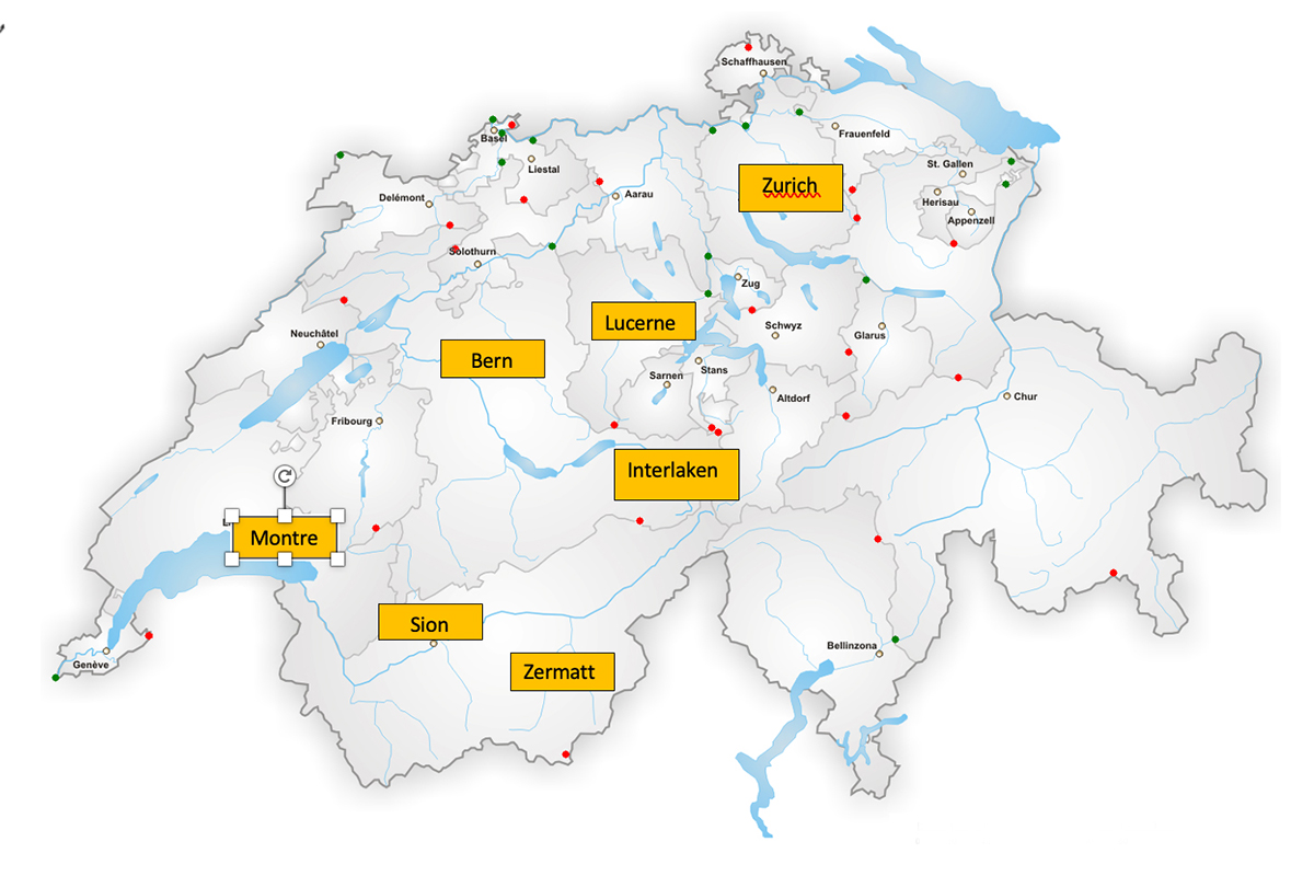 Switzerland Map showing the classic route for a 7 day itinerary