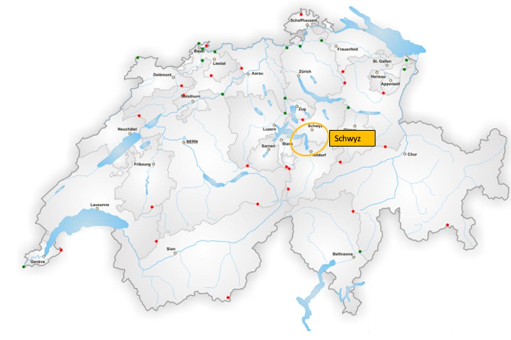 Switzerland map showing canton Schwyz circled