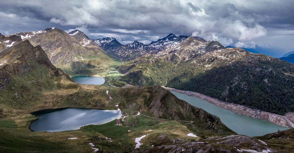 areal view val piora with three mountain lakes in the Ticino alps