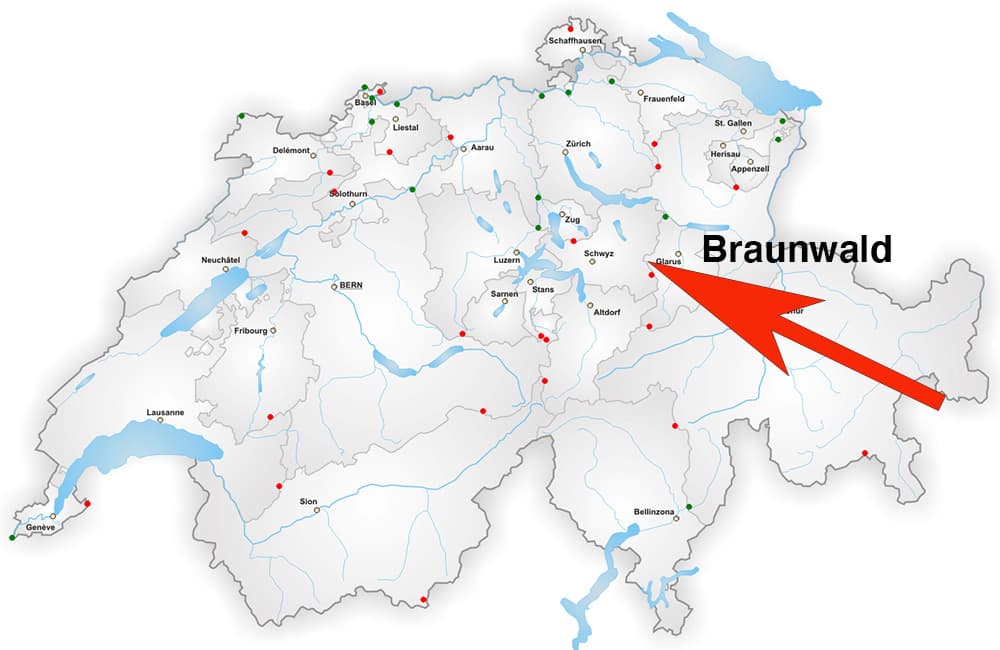 map of switzerland showing the location of the swiss village Braunwald