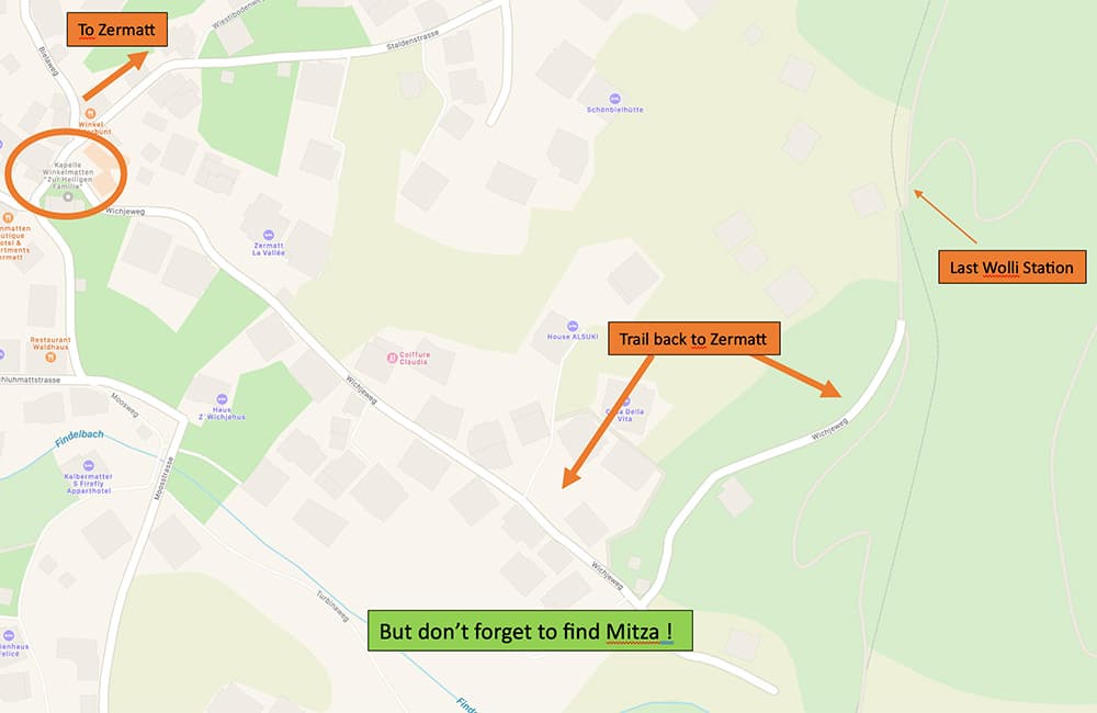 screenshot of googl map showing a section in the village Zermatt