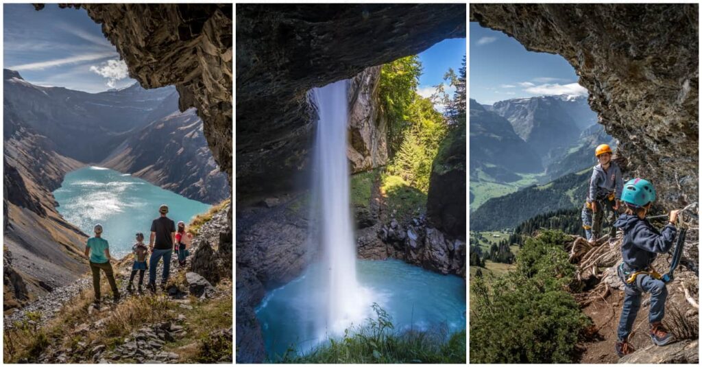 collage of three photon showing a waterfall, a family hiking and children climbing