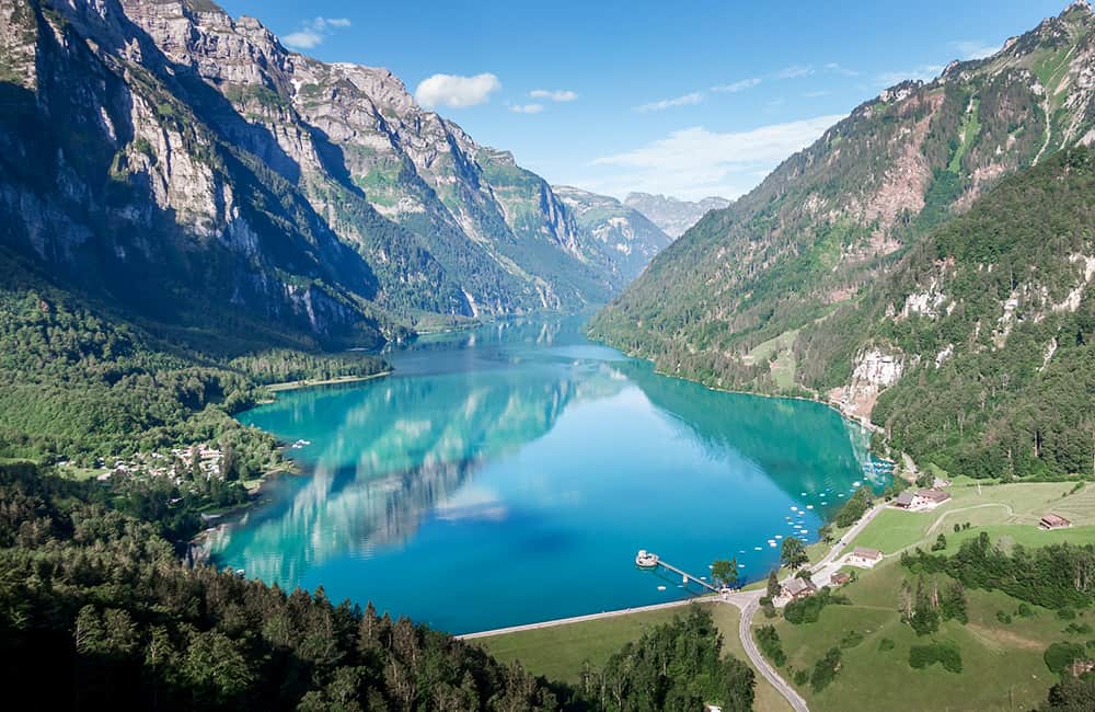 areal view over the beautiful lake klöntalersee in galrus