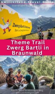 picture of a Pinterest pin showing a family hiking in Braunwald on a theme trail