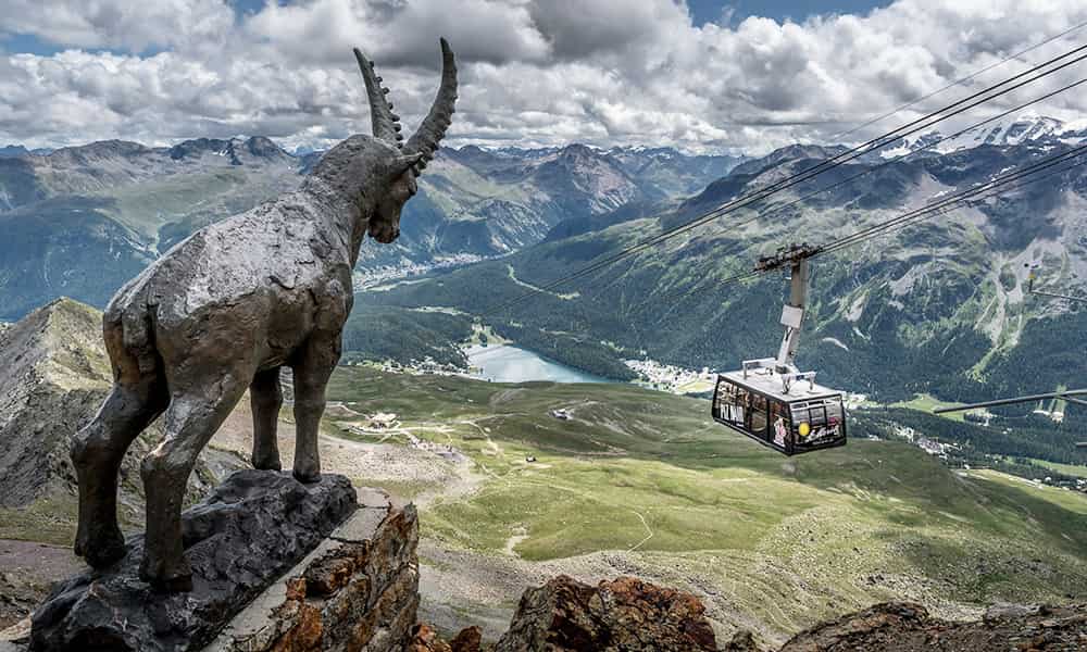 an iron ibex atop of Piz Nair looking down on to St. Moritz in Graubünden