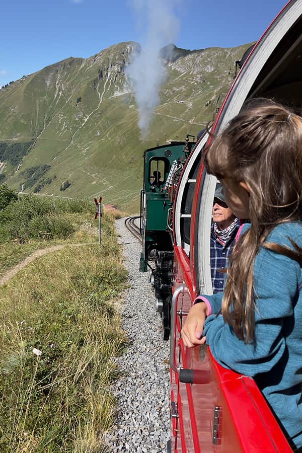 a girl looking out of the Brienzer Rothornbahn window