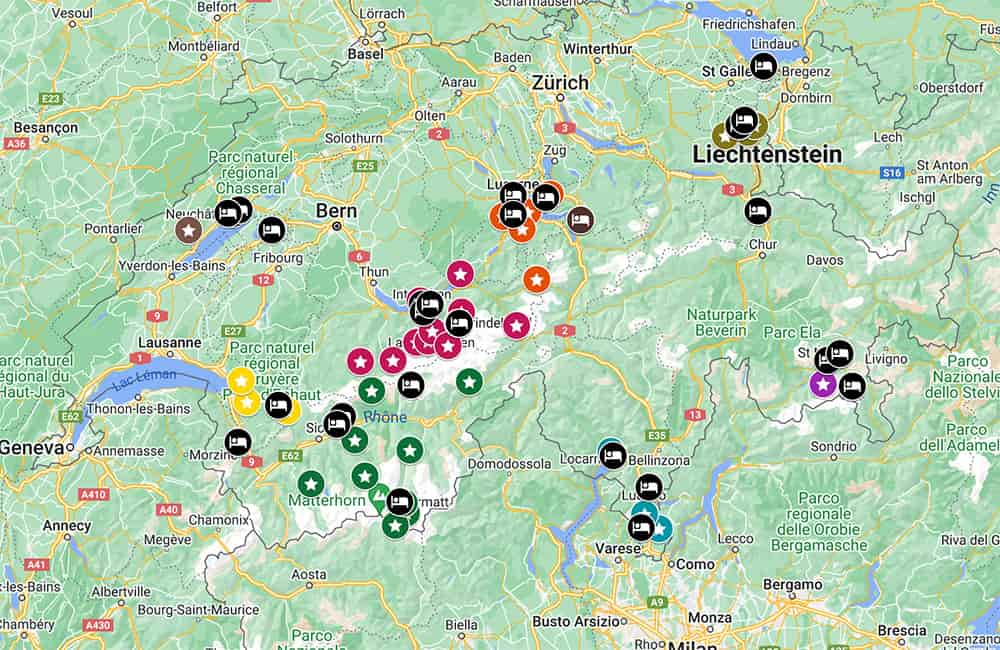 google map of Switzerland with mountain viewpoints listed