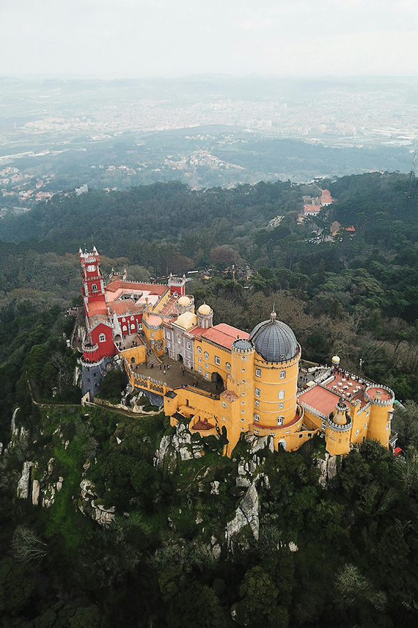 Drone view from the Pena Palace in Sintra Portugal with all its colours