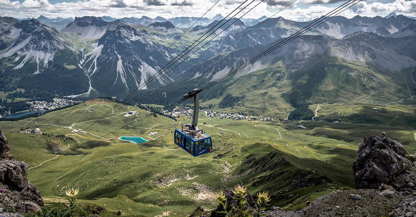 Arosa Weisshorn gondola with view over Arosa in Summer