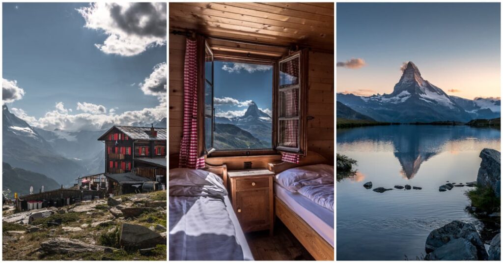 collage of a window seeing the swiss mountain matterhorn, the famous Stellisee lake and the fluhalp hut in Zermatt